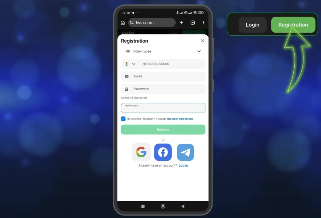 1win registration via app